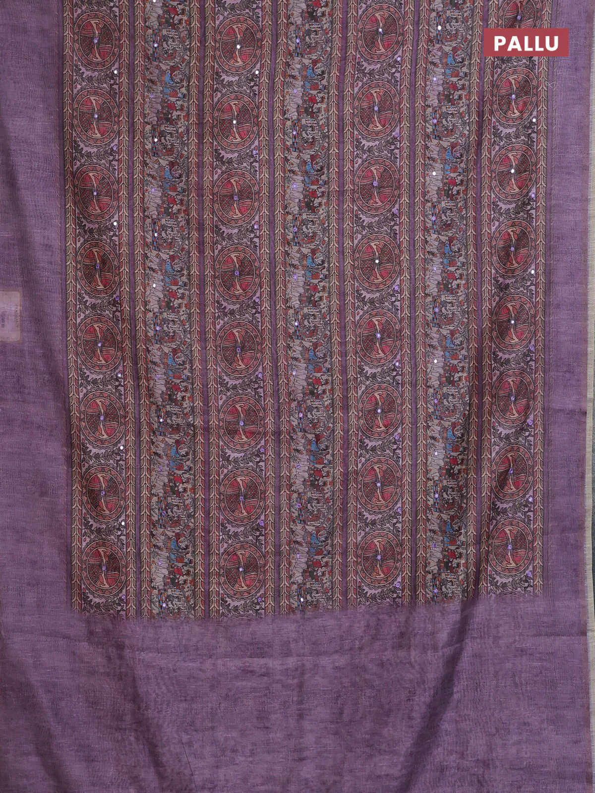 Semi linen saree lavender with allover madhubani prints & mirror work - Image 3