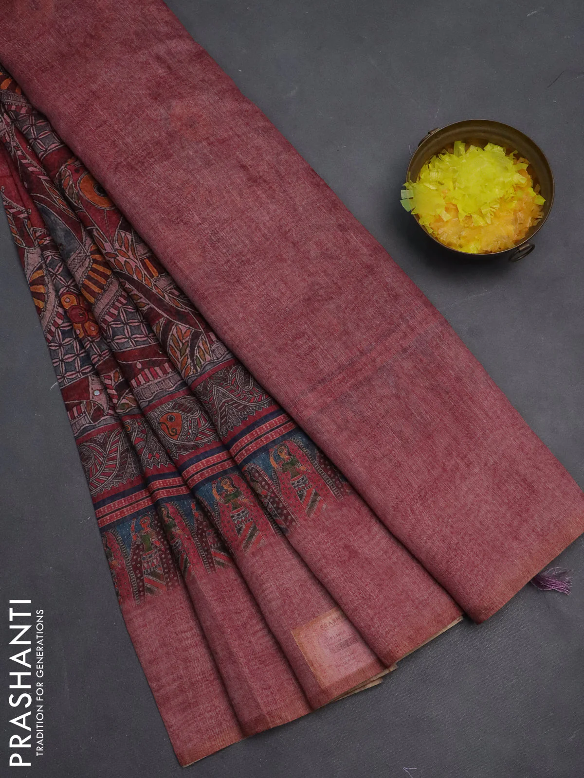 Semi linen saree maroon shade with allover madhubani prints & mirror work