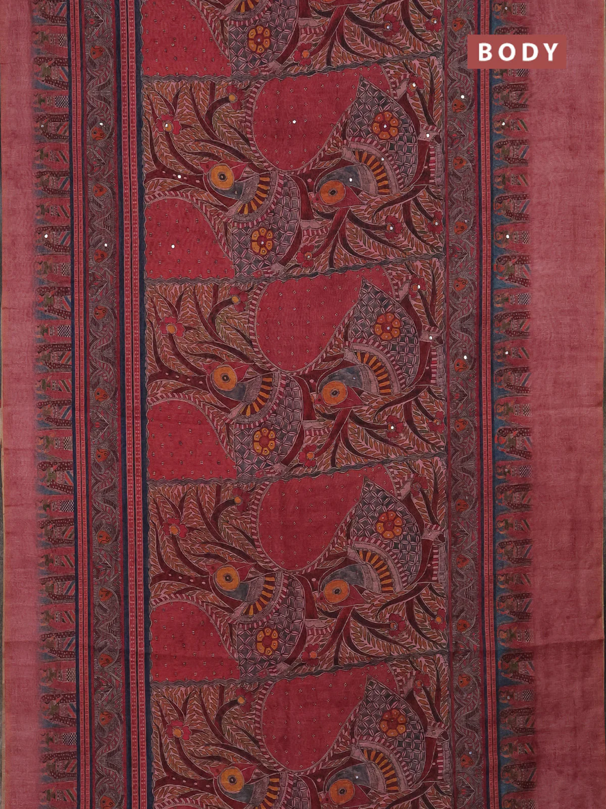 Semi linen saree maroon shade with allover madhubani prints & mirror work - Image 2