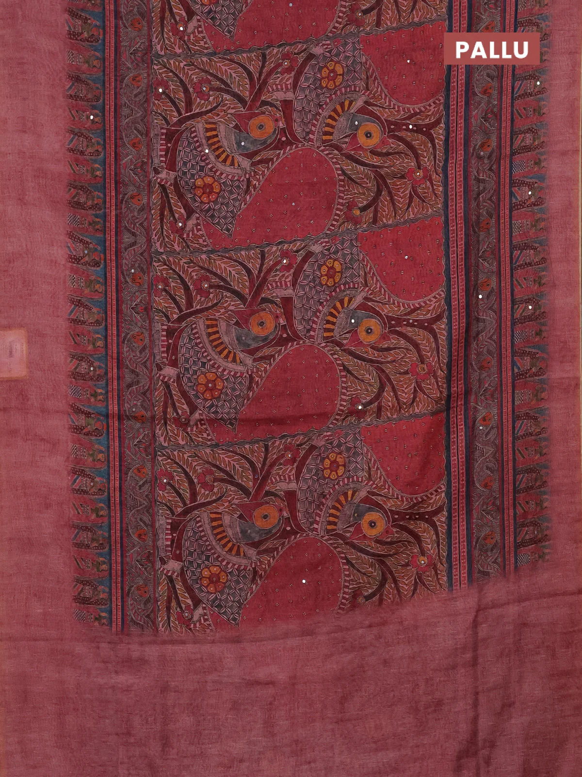 Semi linen saree maroon shade with allover madhubani prints & mirror work - Image 3