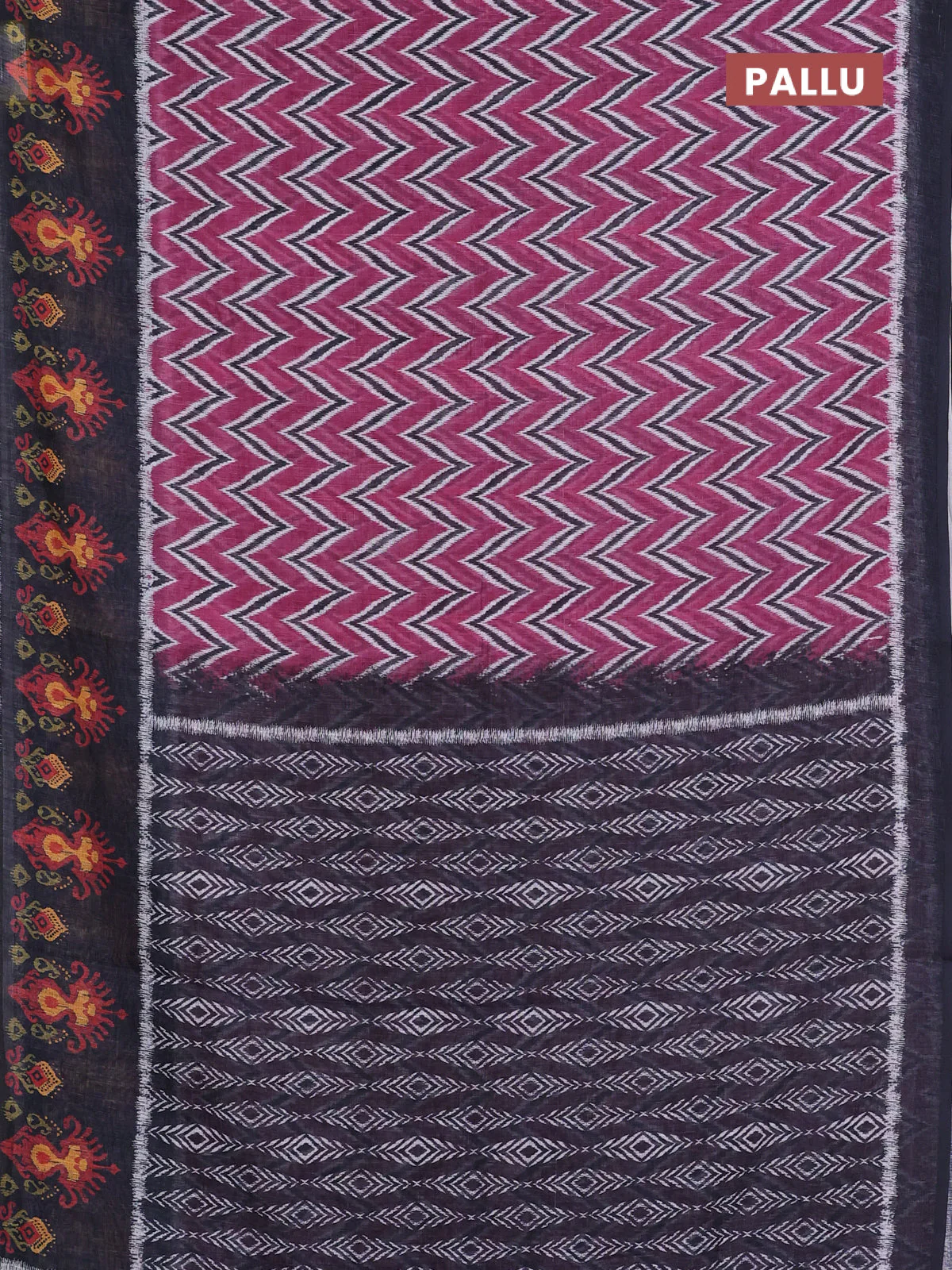 Semi linen saree mauve pink and elephant grey with allover zig zag ikat prints and long printed border - Image 3