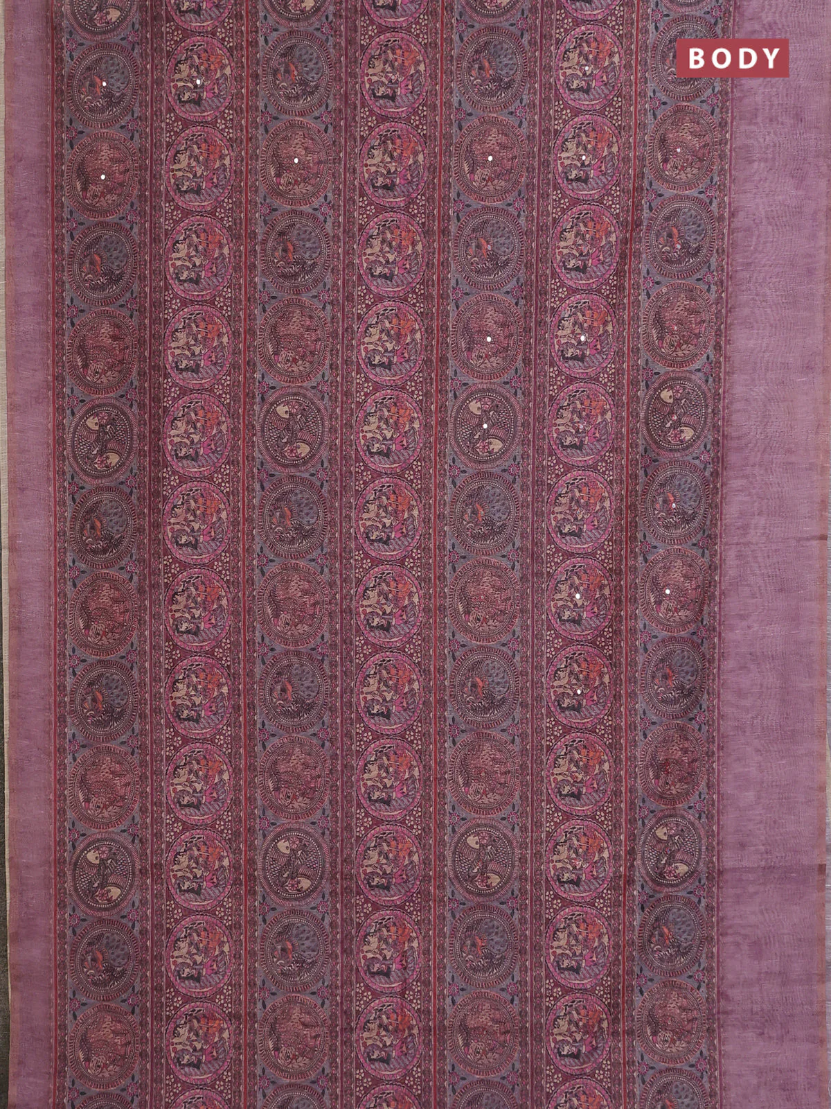 Semi linen saree mauve pink with allover madhubani prints & mirror work - Image 2