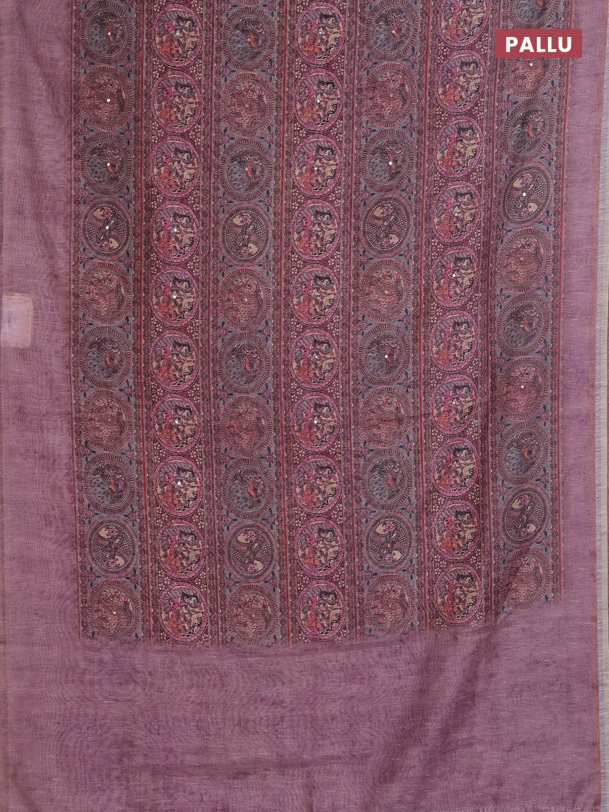 Semi linen saree mauve pink with allover madhubani prints & mirror work - Image 3