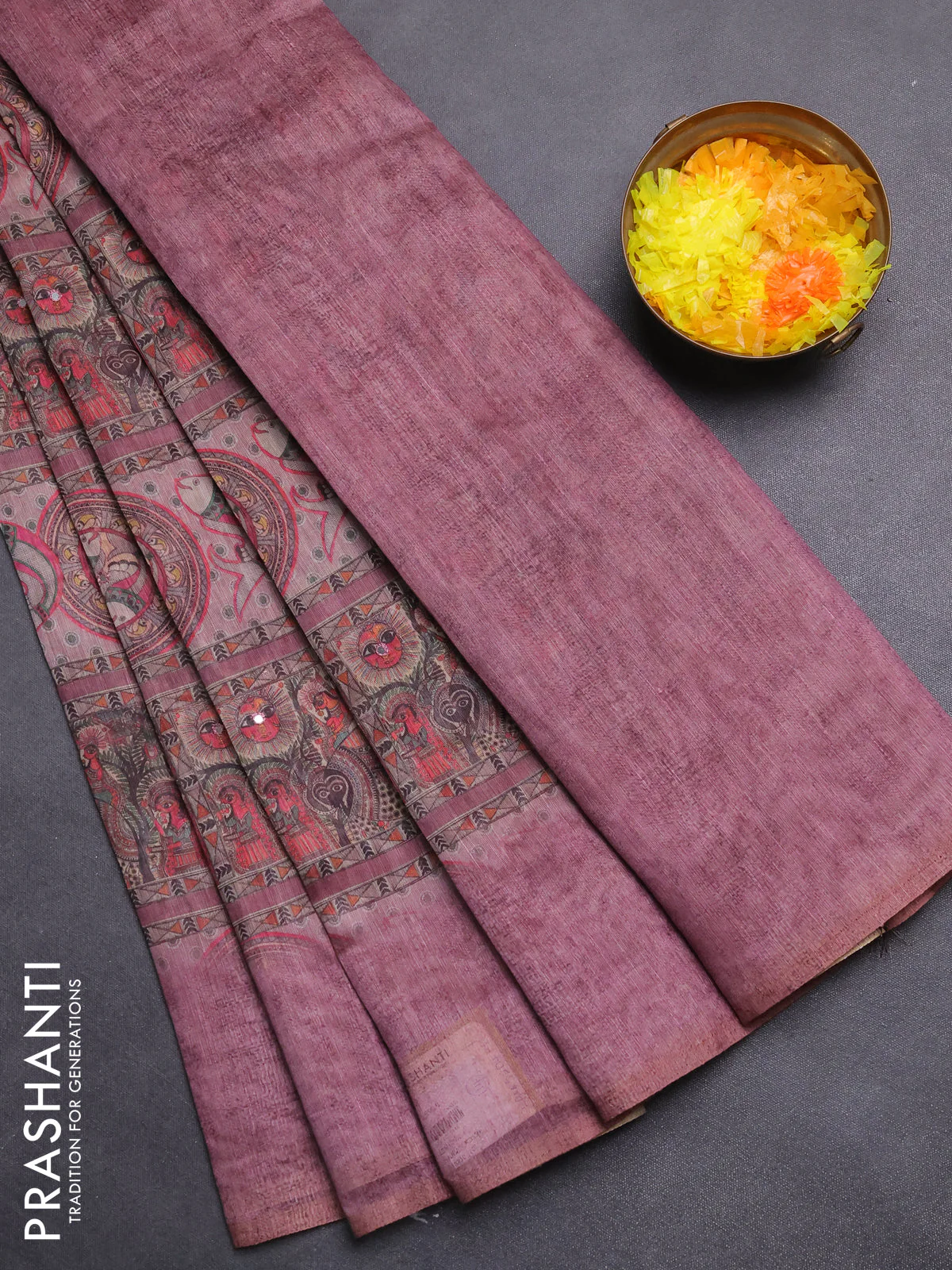 Semi linen saree mauve pink with allover madhubani prints & mirror work