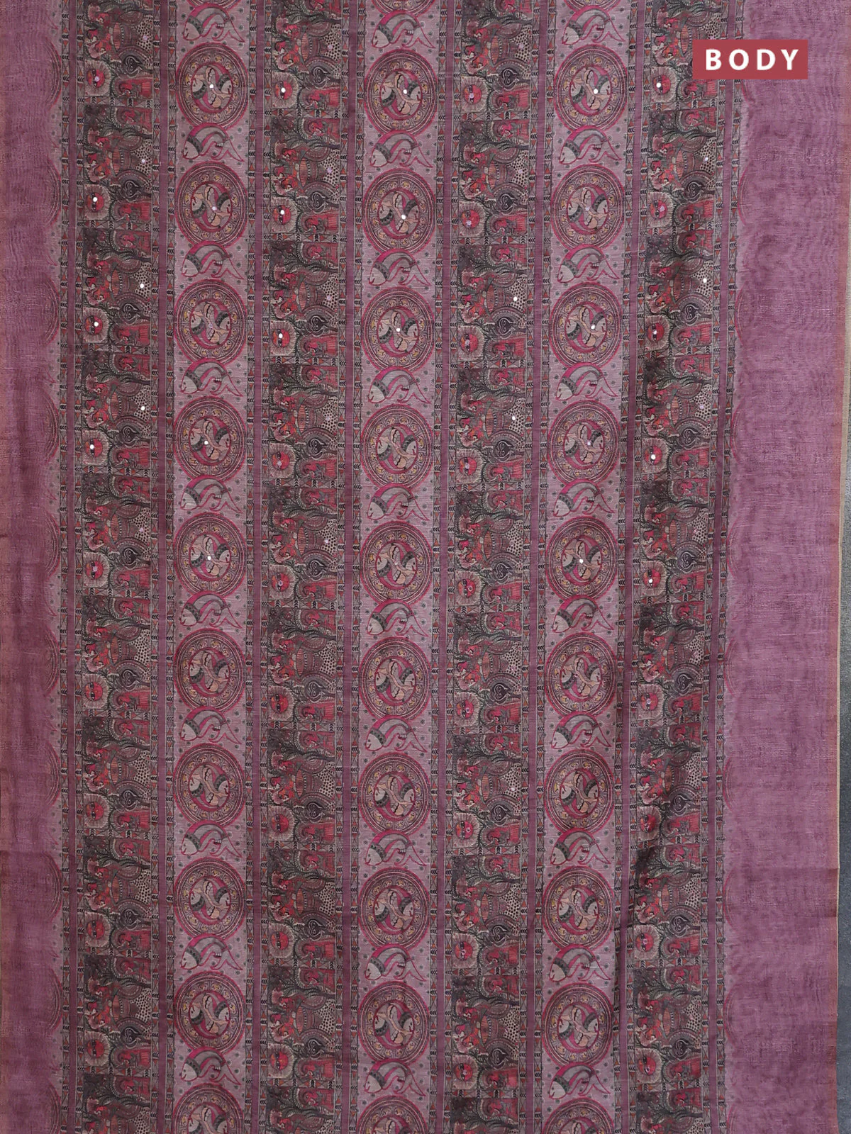 Semi linen saree mauve pink with allover madhubani prints & mirror work - Image 2