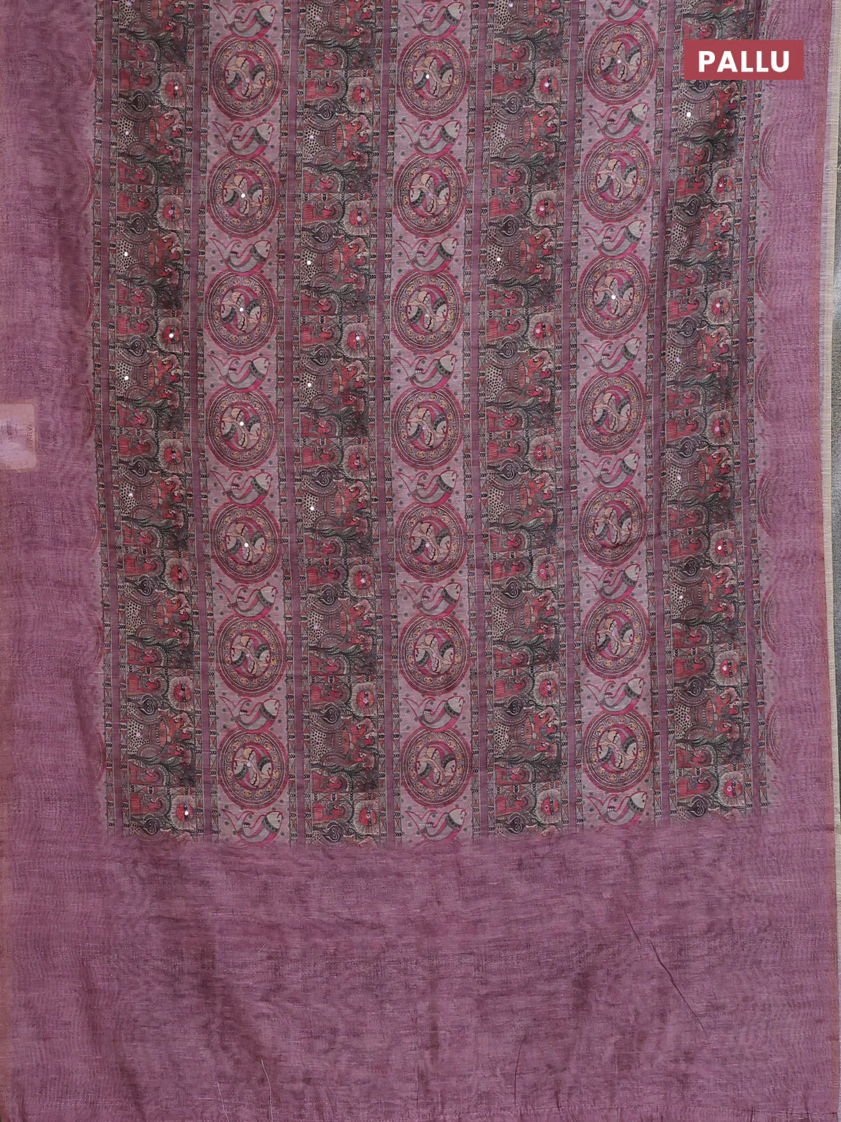Semi linen saree mauve pink with allover madhubani prints & mirror work - Image 3