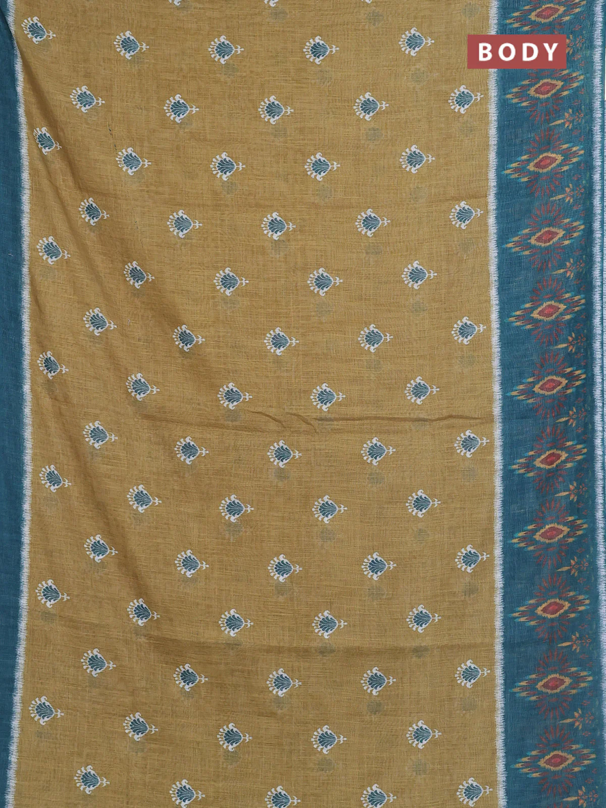 Semi linen saree mehendi green and peacock green with allover ikat butta prints and long printed border - Image 2