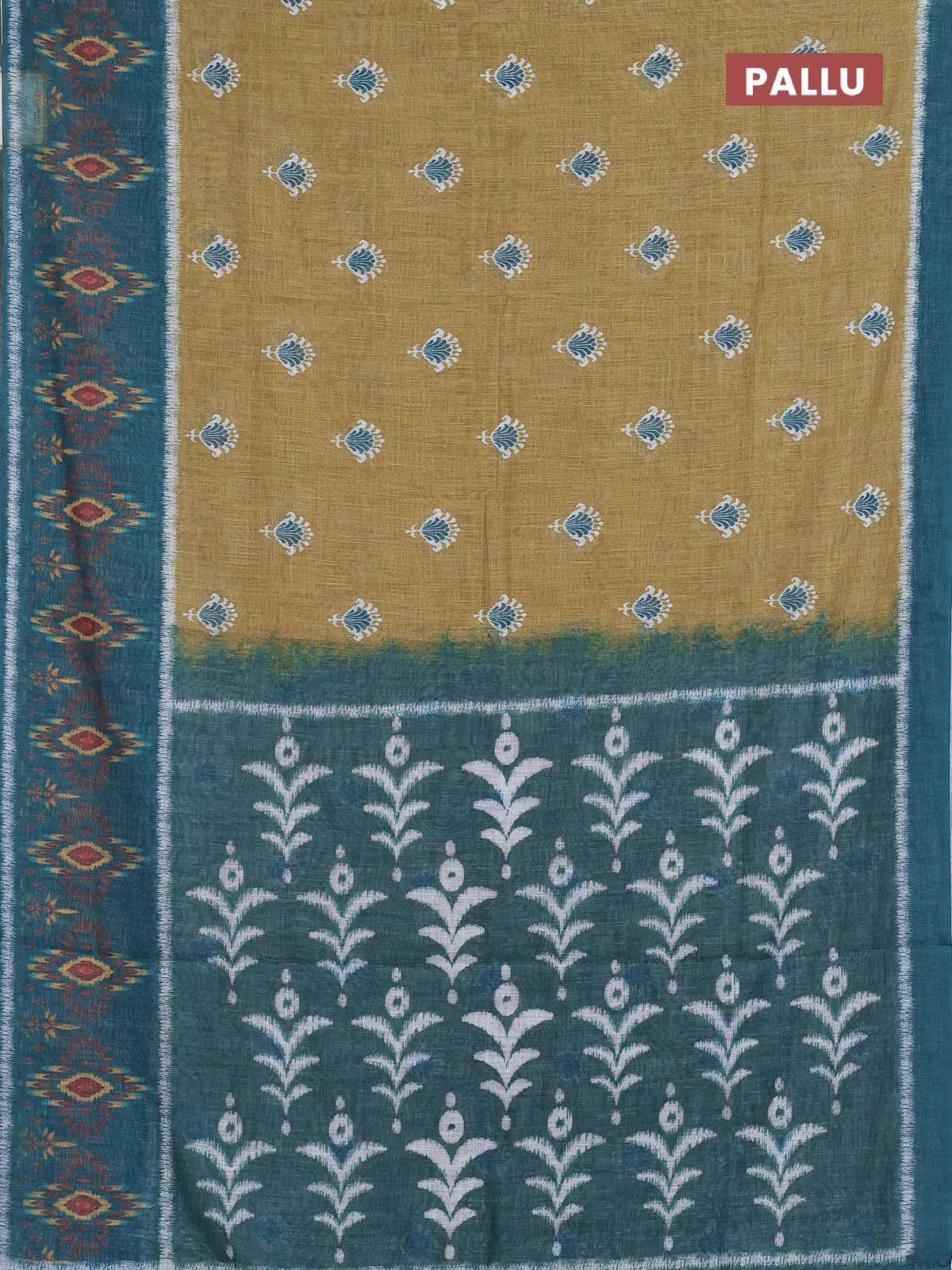 Semi linen saree mehendi green and peacock green with allover ikat butta prints and long printed border - Image 3