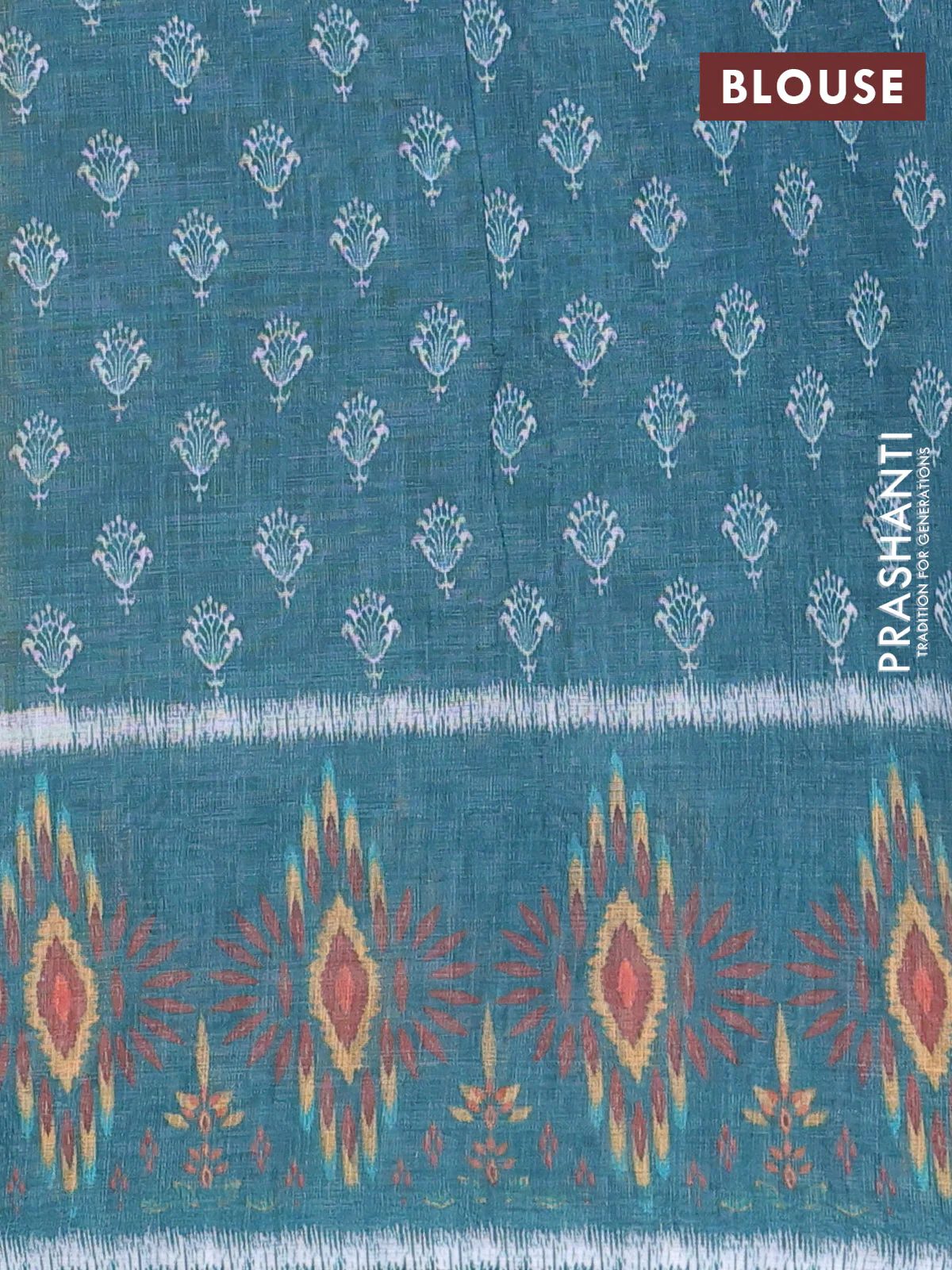 Semi linen saree mehendi green and peacock green with allover ikat butta prints and long printed border - Image 4