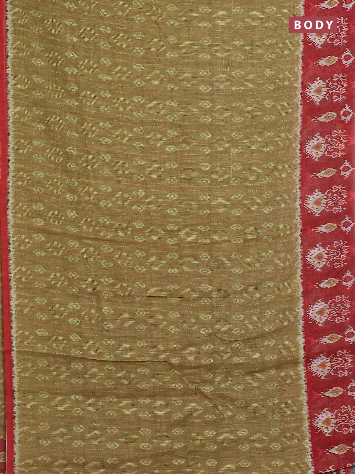 Semi linen saree mustard green and red with allover ikat prints and long printed border - Image 2