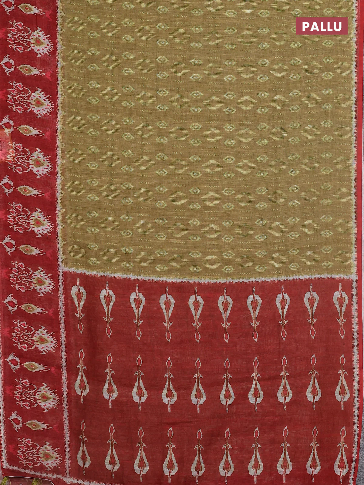 Semi linen saree mustard green and red with allover ikat prints and long printed border - Image 3