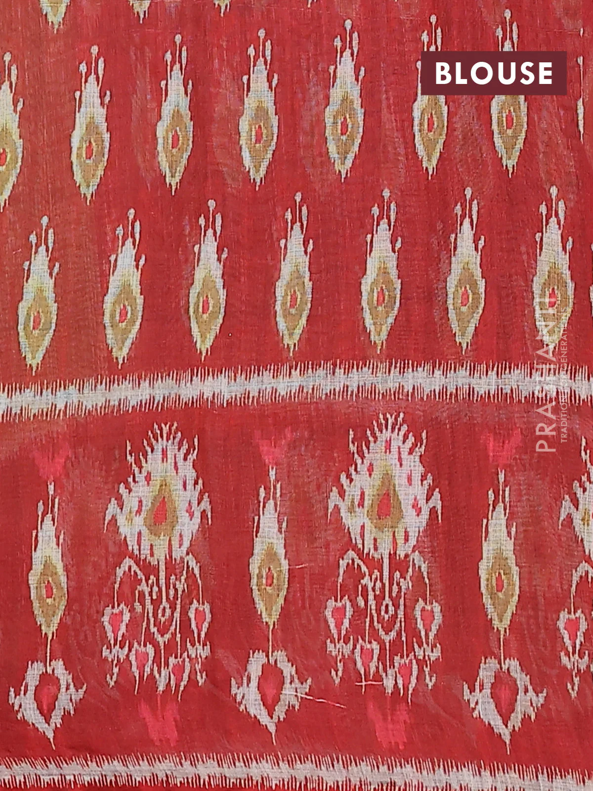 Semi linen saree mustard green and red with allover ikat prints and long printed border - Image 4