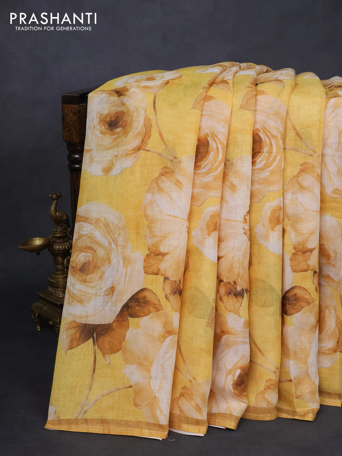 semi linen saree mustard yellow with allover floral digital prints and piping border - Image 2