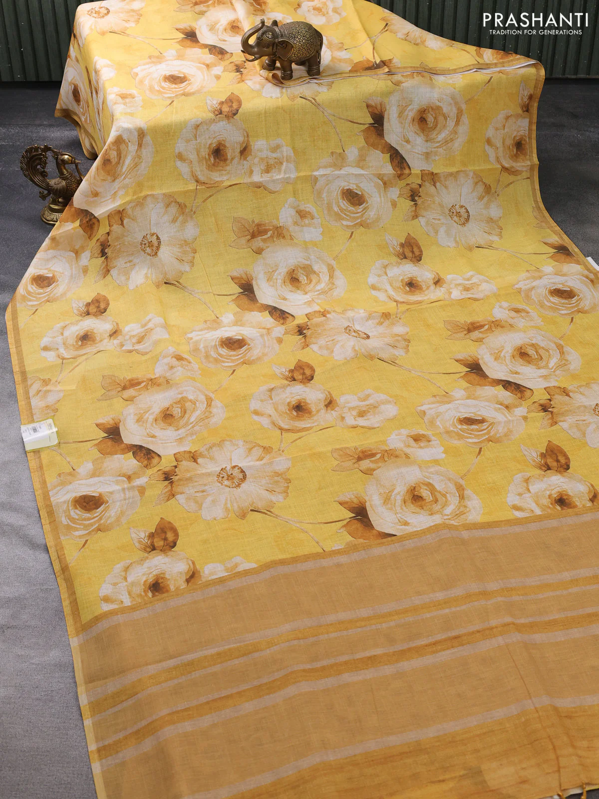 semi linen saree mustard yellow with allover floral digital prints and piping border - Image 3