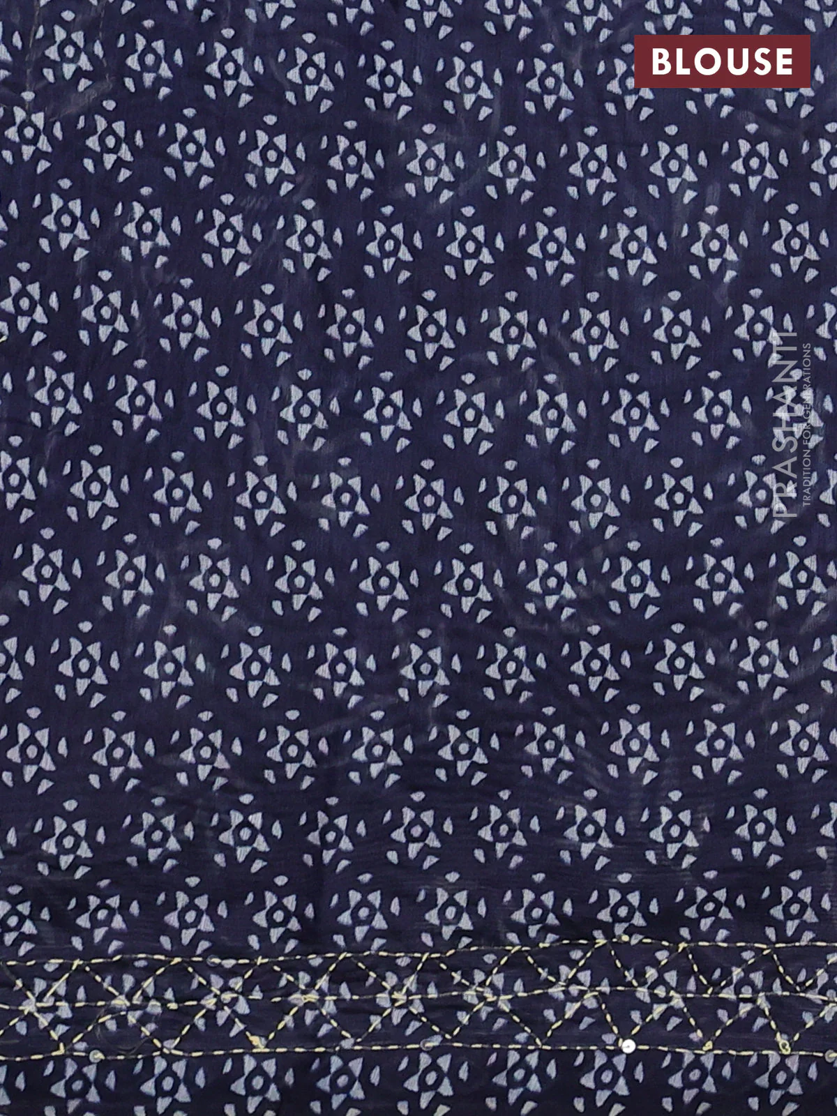 Semi linen saree navy blue with allover leaf prints & kantha stitch work - Image 3