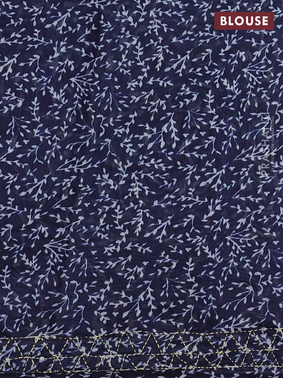 Semi linen saree navy blue with allover prints & kantha stitch work - Image 3