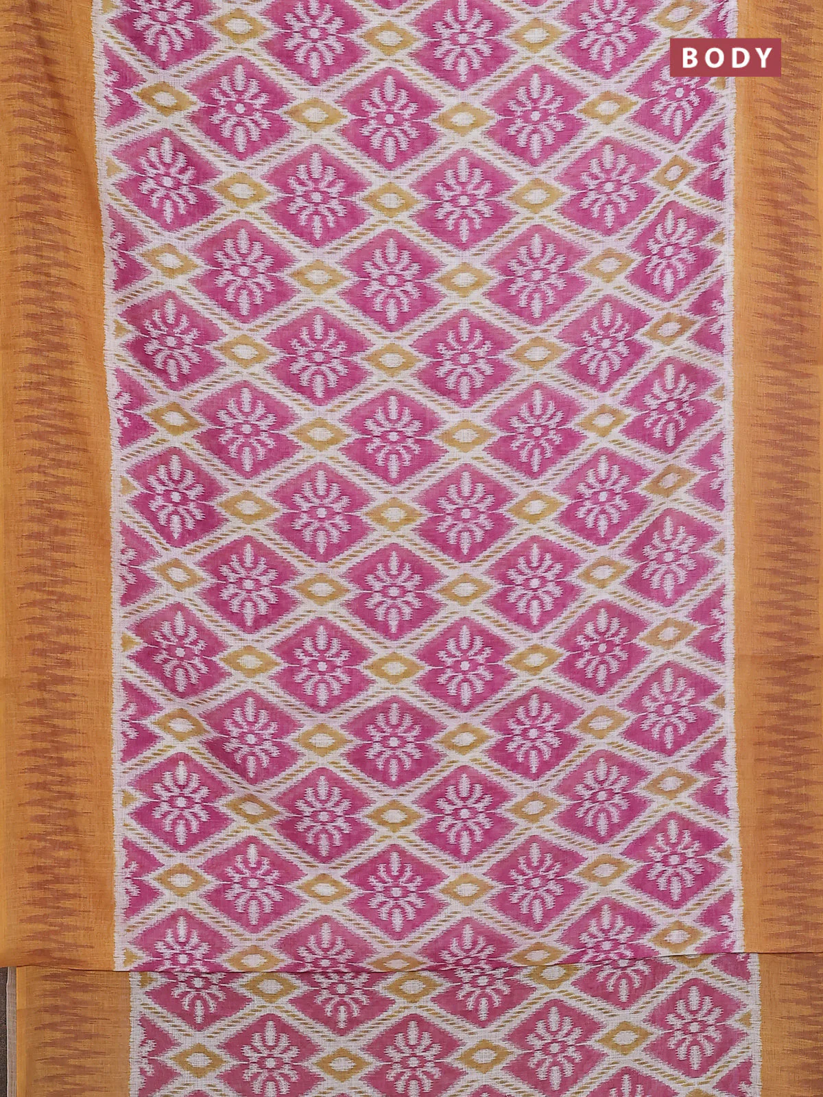 Semi linen saree off white pink and mustard yellow with allover ikat prints and printed border - Image 2