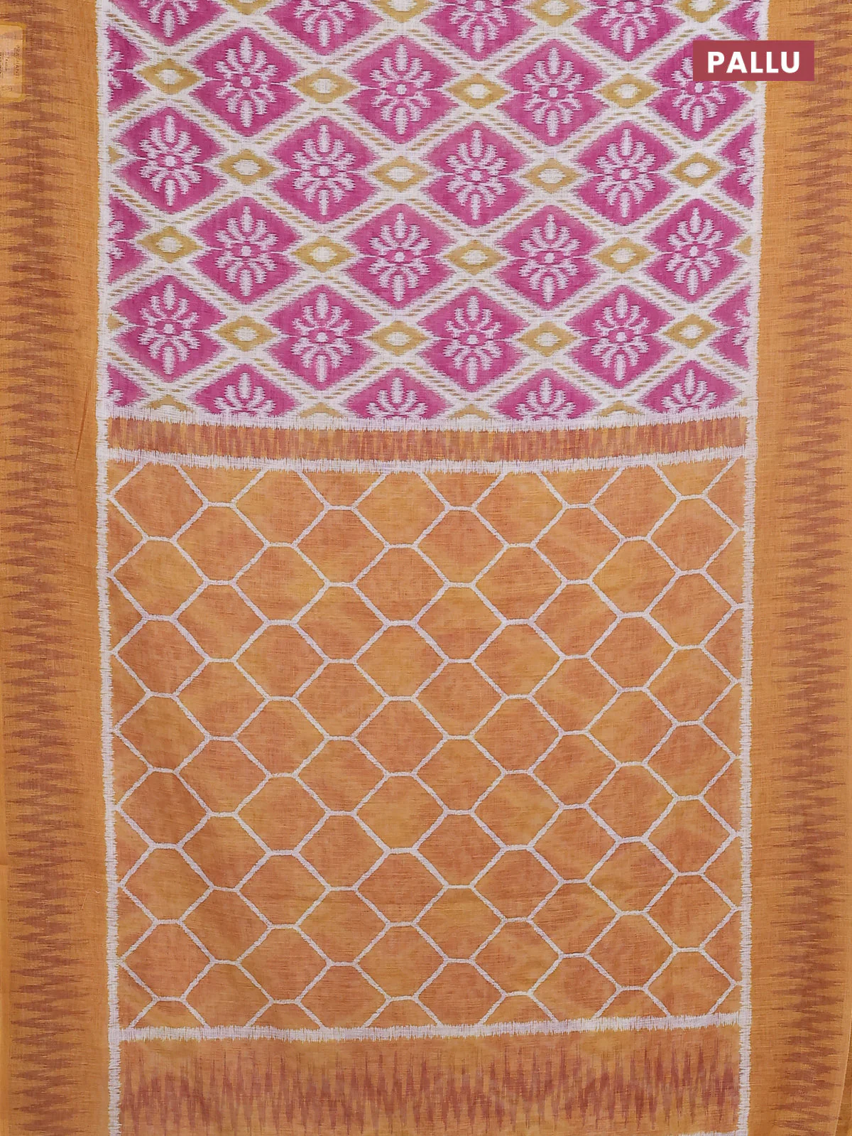 Semi linen saree off white pink and mustard yellow with allover ikat prints and printed border - Image 3