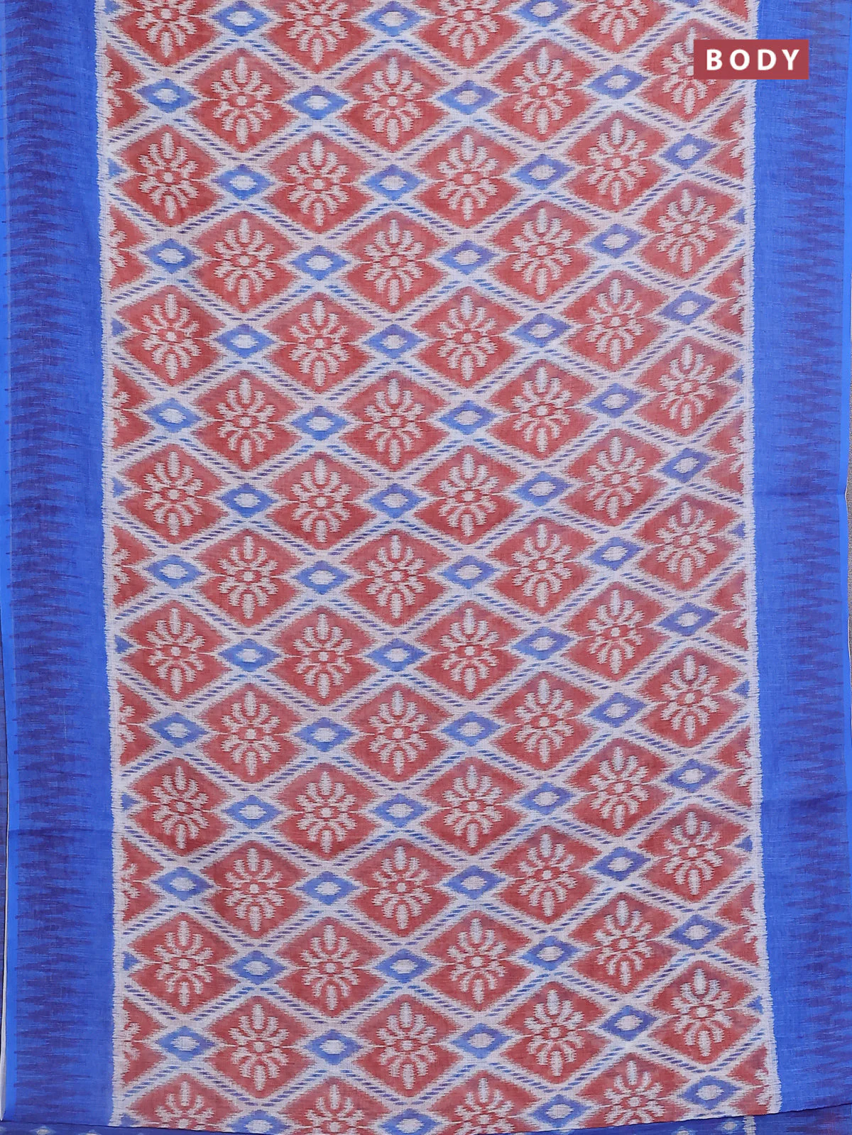 Semi linen saree off white rust and blue with allover ikat prints and printed border - Image 2