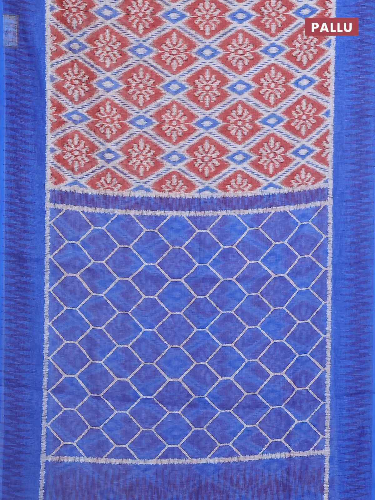 Semi linen saree off white rust and blue with allover ikat prints and printed border - Image 3