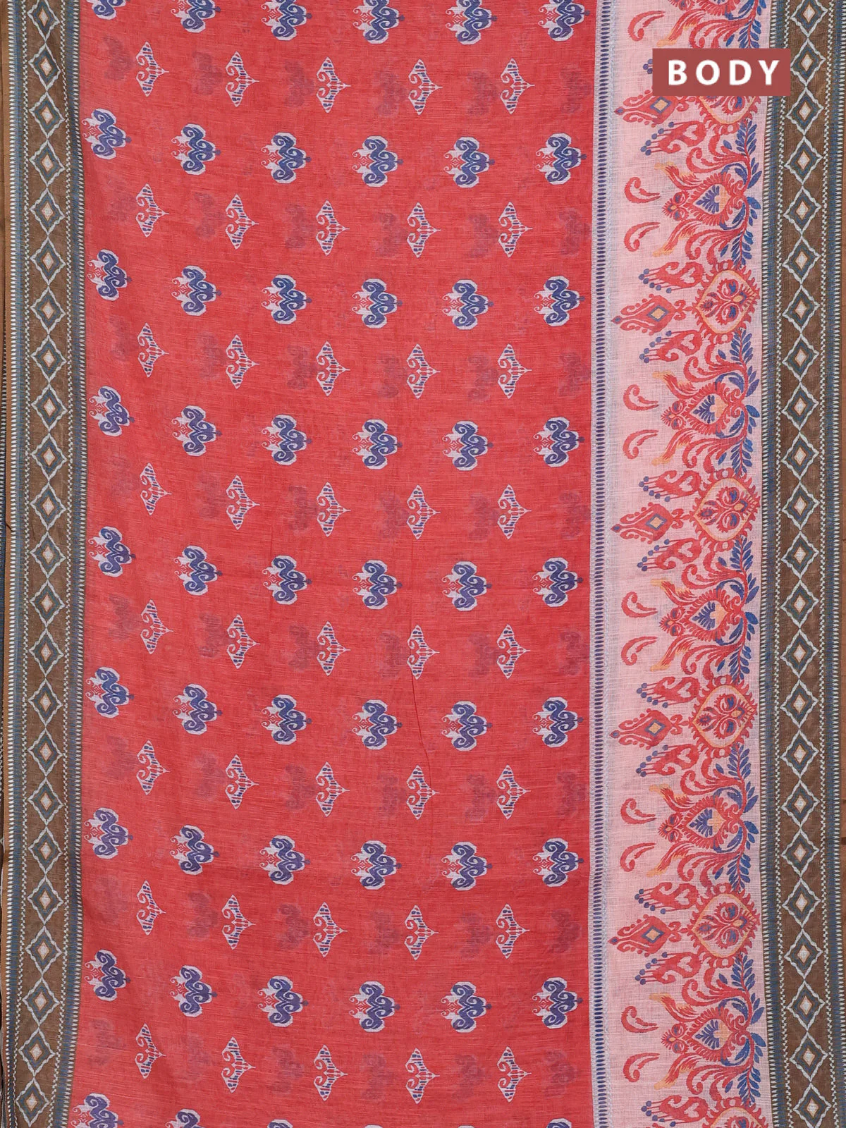 Semi linen saree orange and dark mehendi green with allover ikat butta prints and printed border - Image 2
