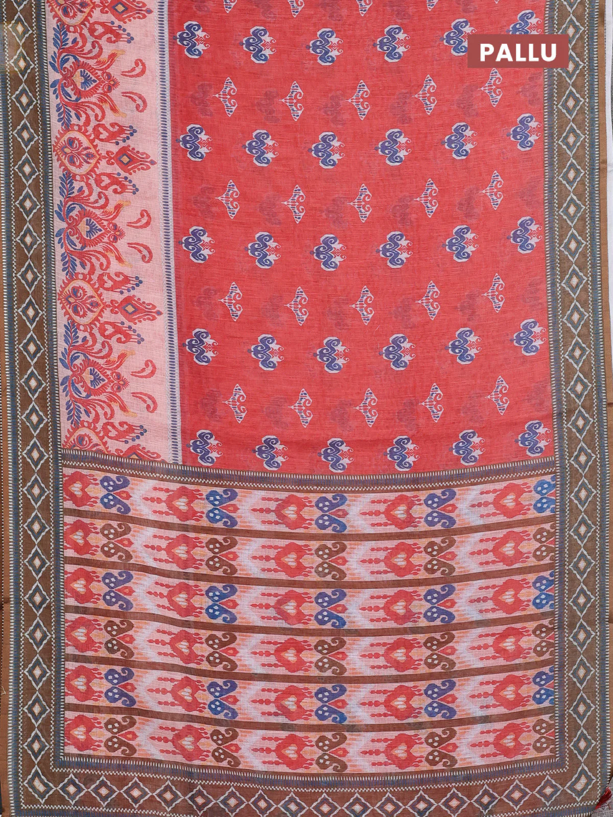 Semi linen saree orange and dark mehendi green with allover ikat butta prints and printed border - Image 3