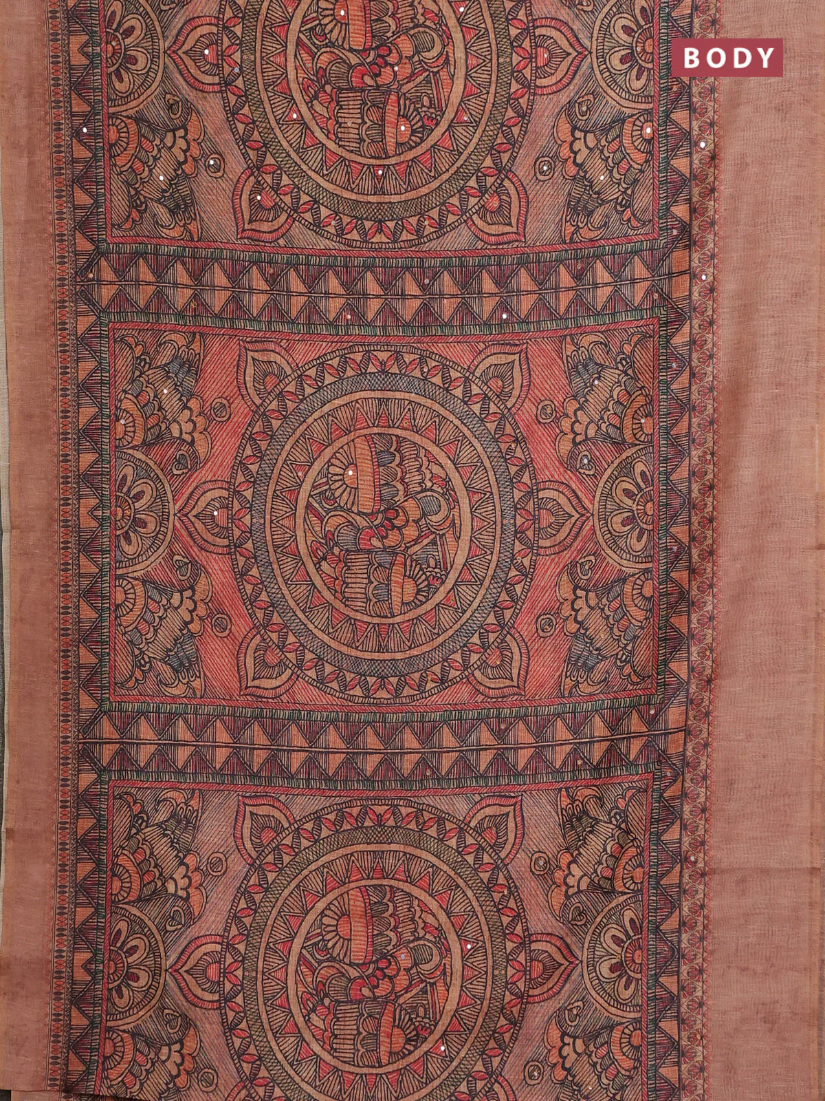 Semi linen saree pale orange with allover madhubani prints & mirror work - Image 2
