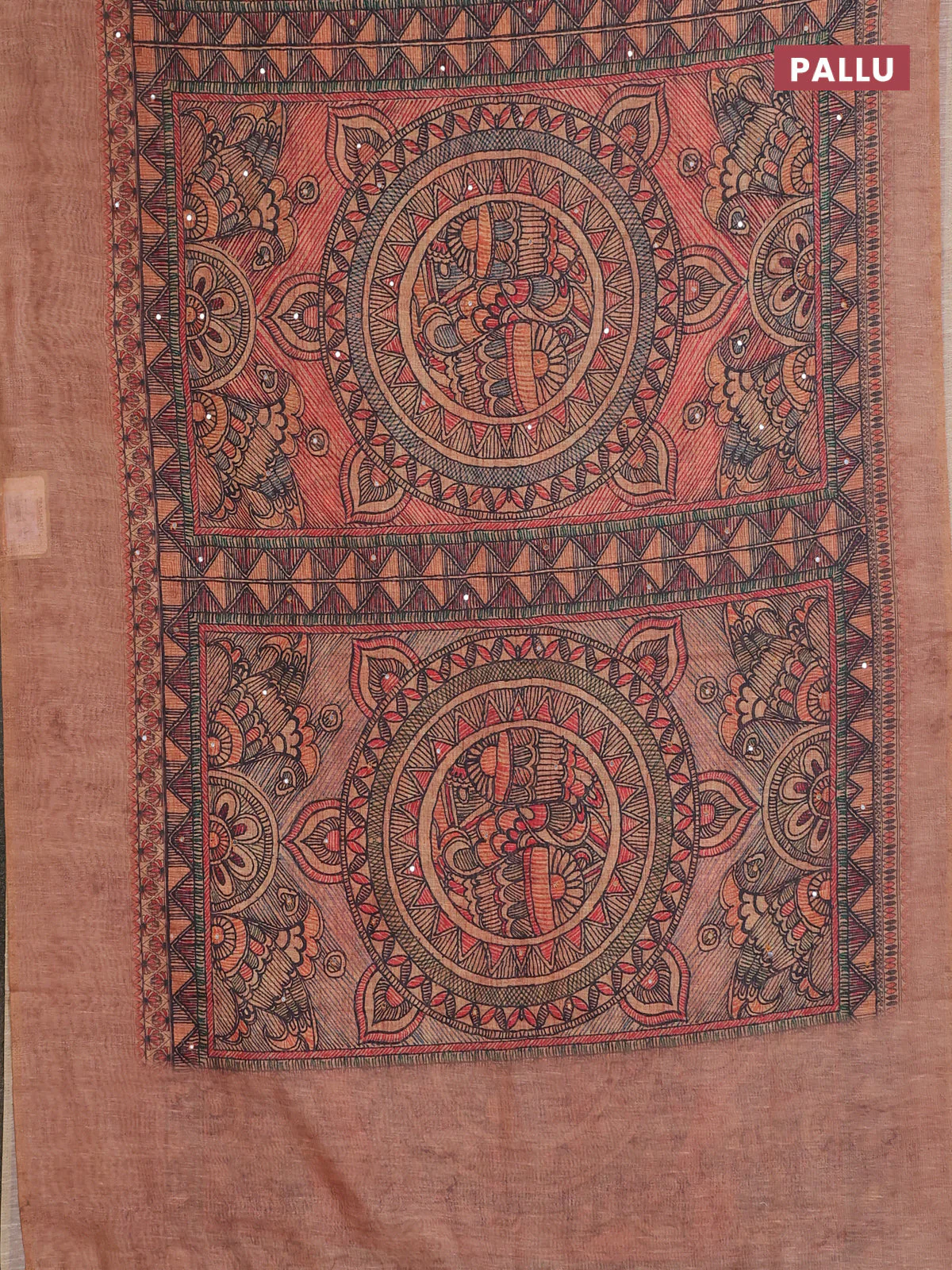 Semi linen saree pale orange with allover madhubani prints & mirror work - Image 3