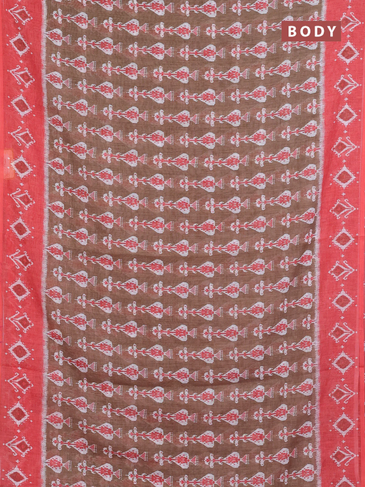 Semi linen saree pastel beown and peach orange with allover ikat prints and long printed border - Image 2