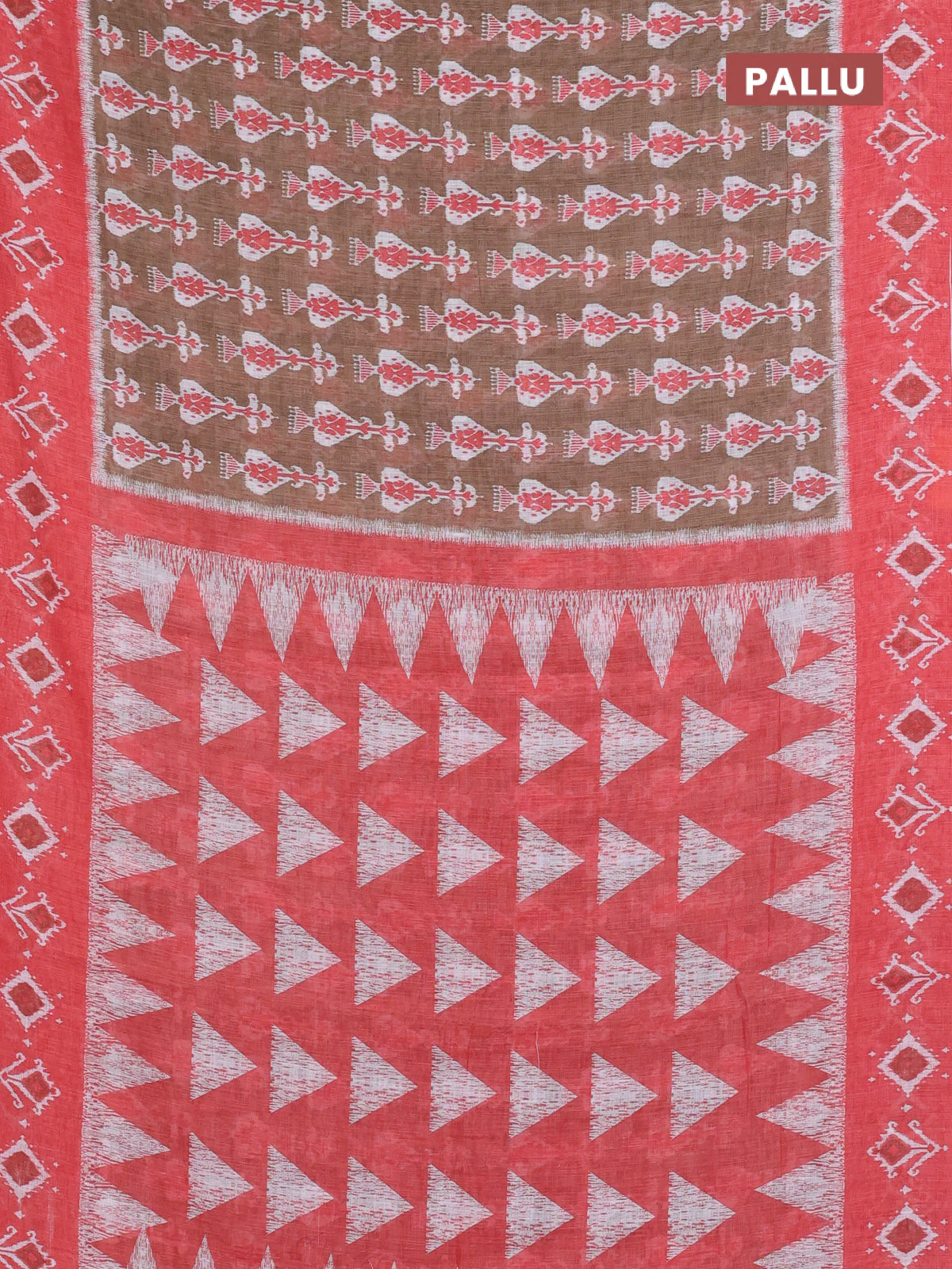 Semi linen saree pastel beown and peach orange with allover ikat prints and long printed border - Image 3