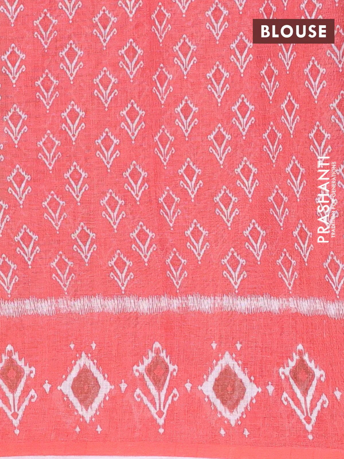 Semi linen saree pastel beown and peach orange with allover ikat prints and long printed border - Image 4