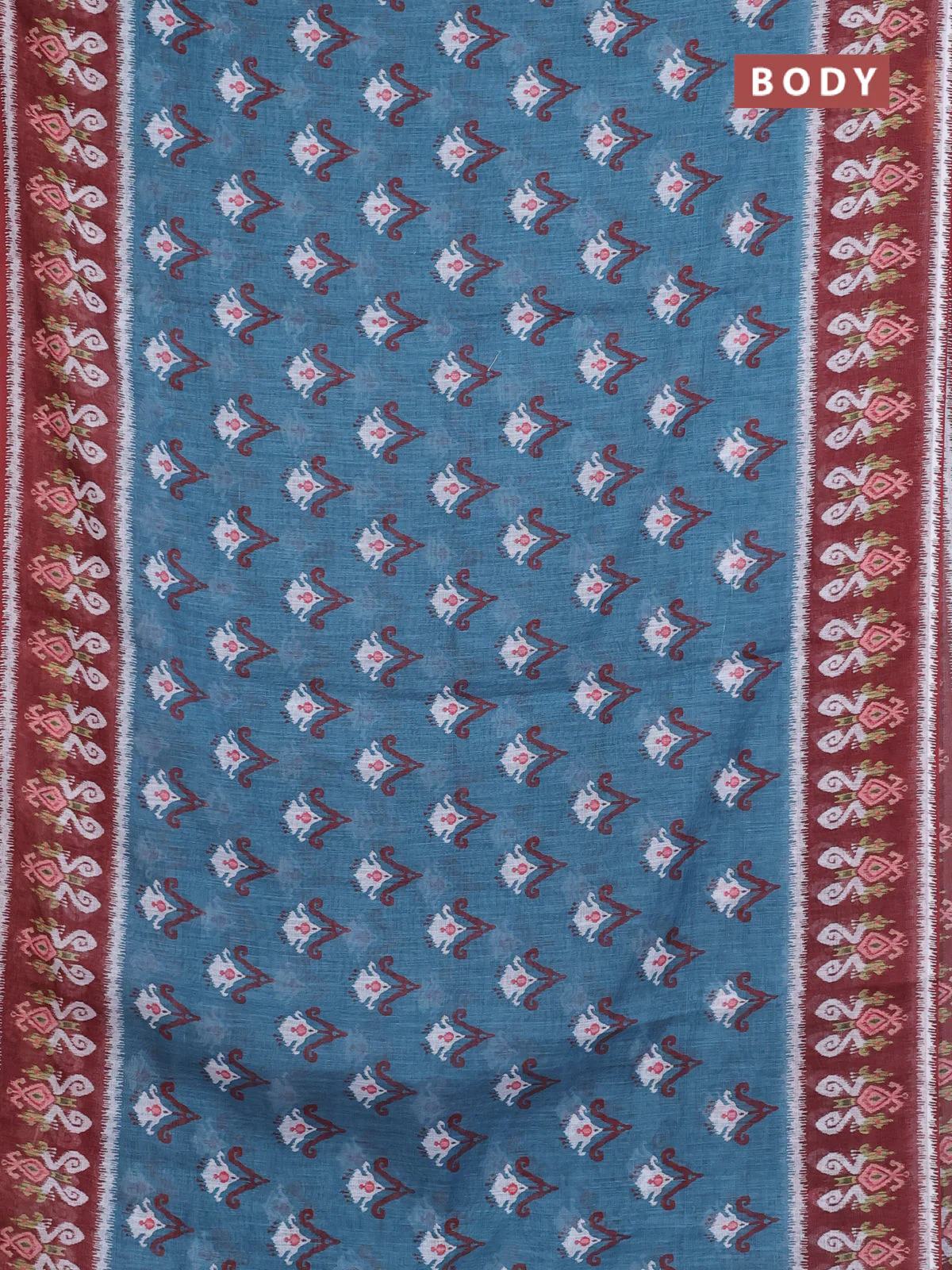 Semi linen saree pastel blue and brown with allover ikat butta prints and printed border - Image 2
