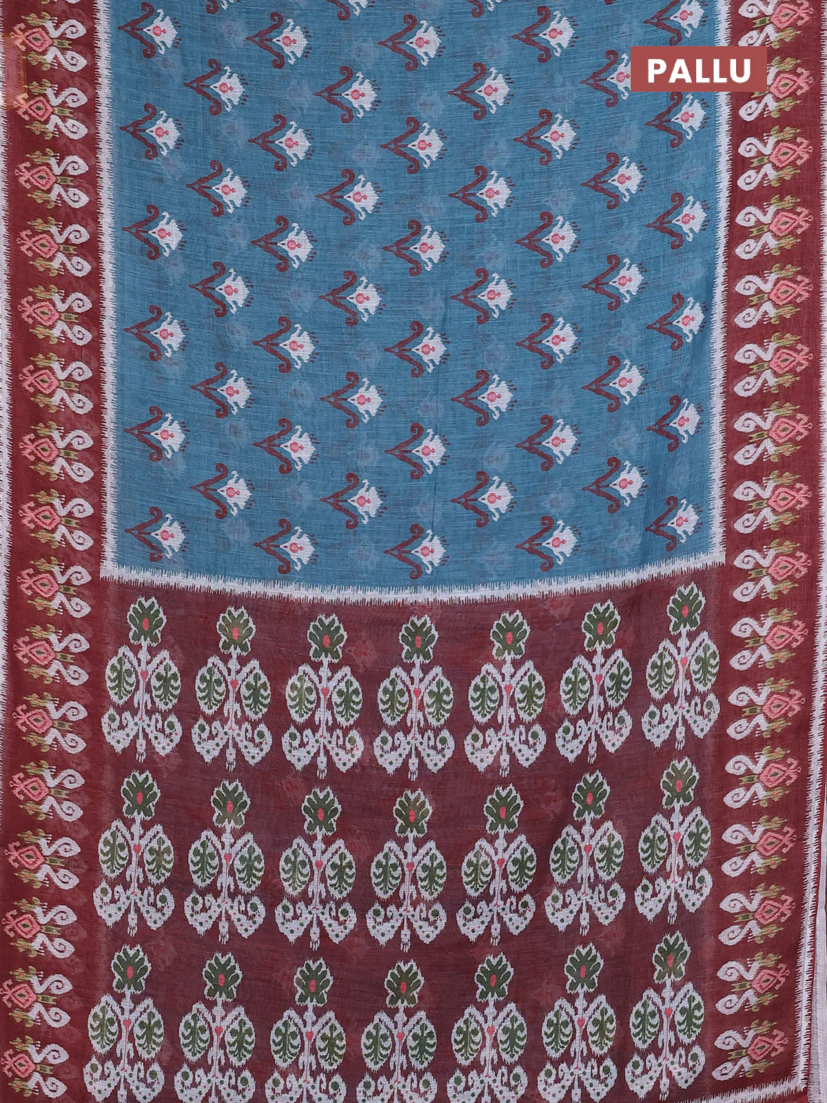 Semi linen saree pastel blue and brown with allover ikat butta prints and printed border - Image 3