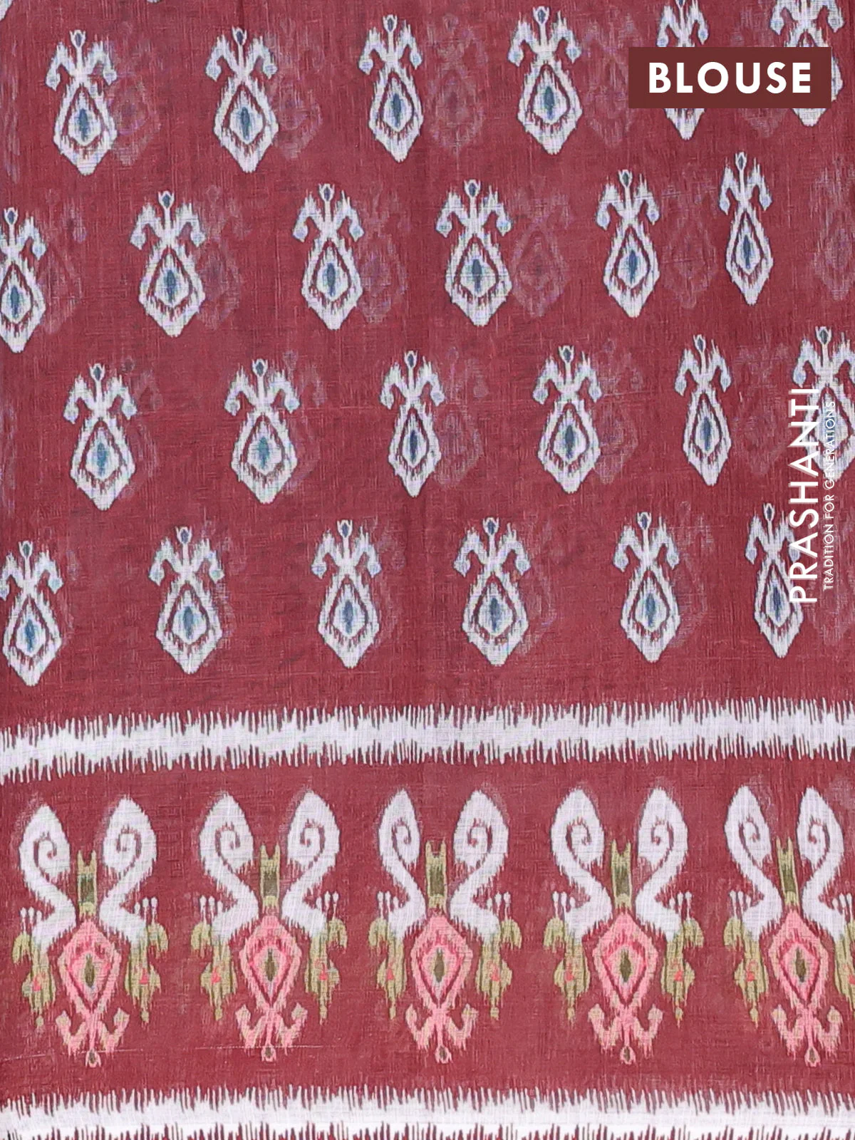 Semi linen saree pastel blue and brown with allover ikat butta prints and printed border - Image 4