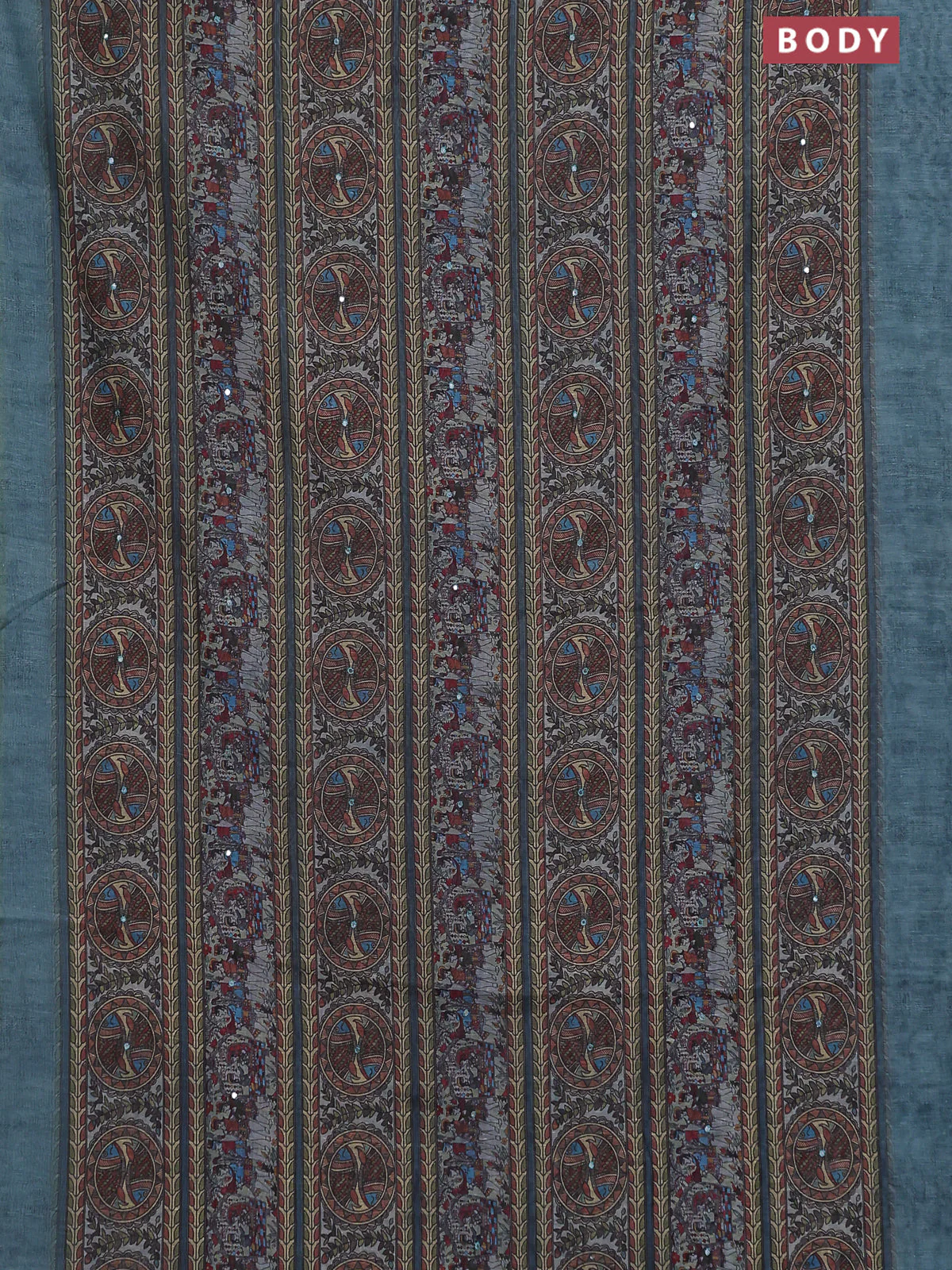 Semi linen saree pastel blue shade with allover madhubani prints & mirror work - Image 2
