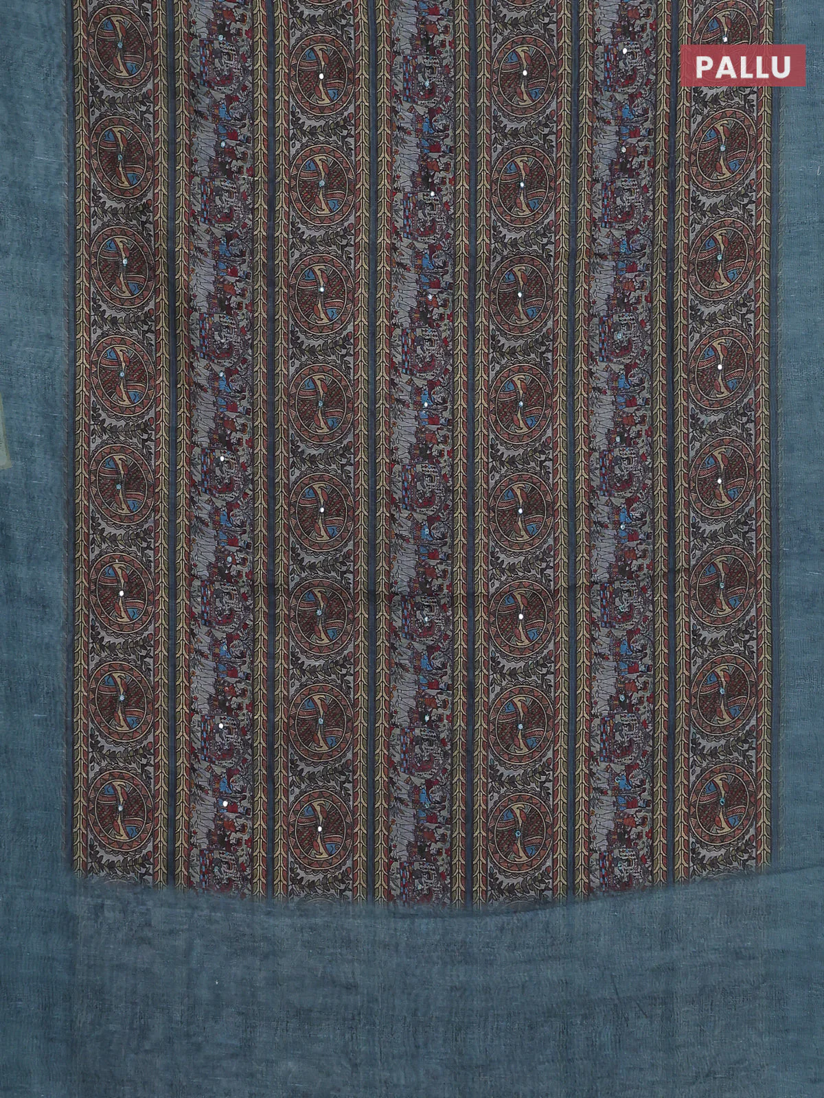 Semi linen saree pastel blue shade with allover madhubani prints & mirror work - Image 3