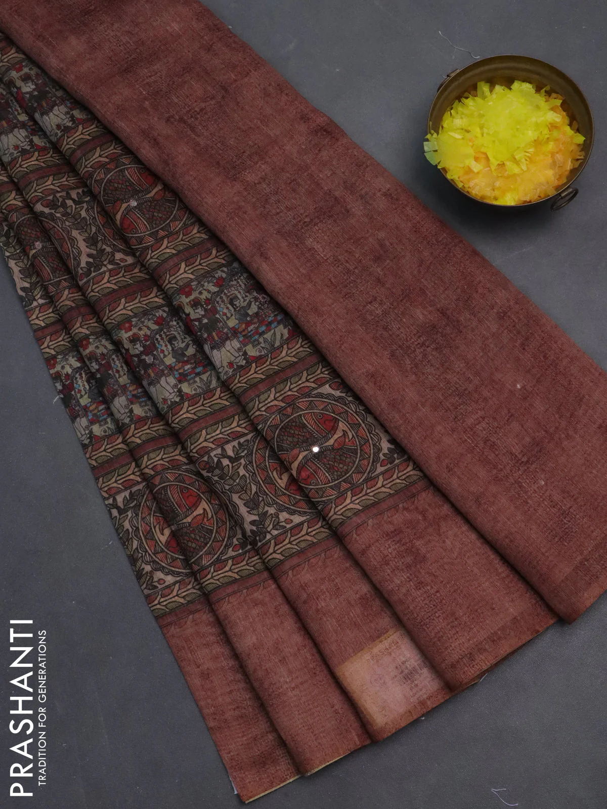 Semi linen saree pastel brown with allover madhubani prints & mirror work