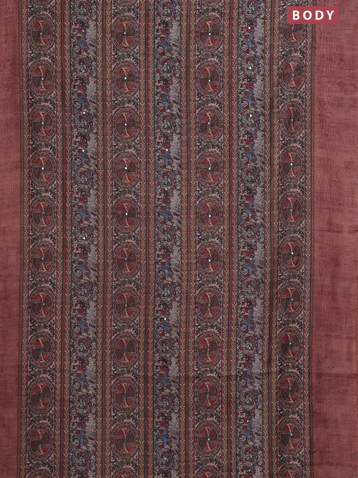 Semi linen saree pastel brown with allover madhubani prints & mirror work - Image 2