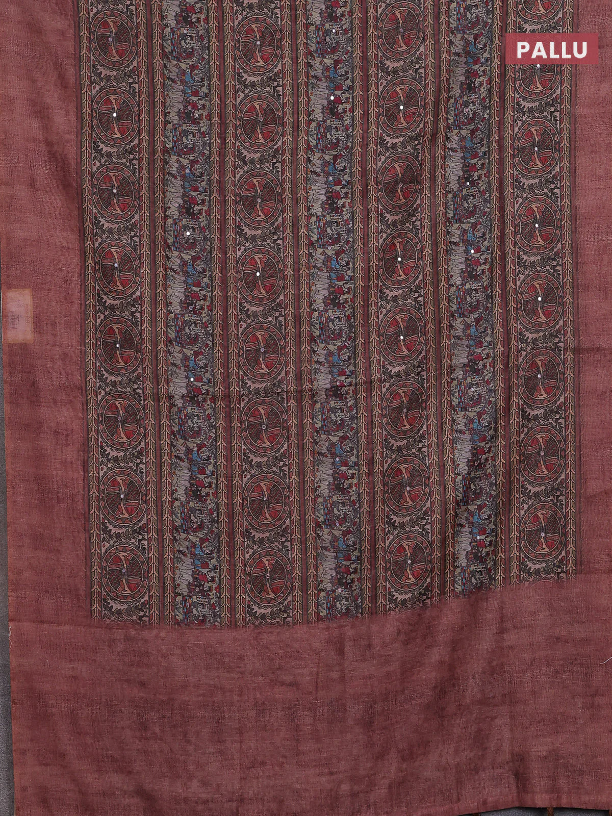 Semi linen saree pastel brown with allover madhubani prints & mirror work - Image 3