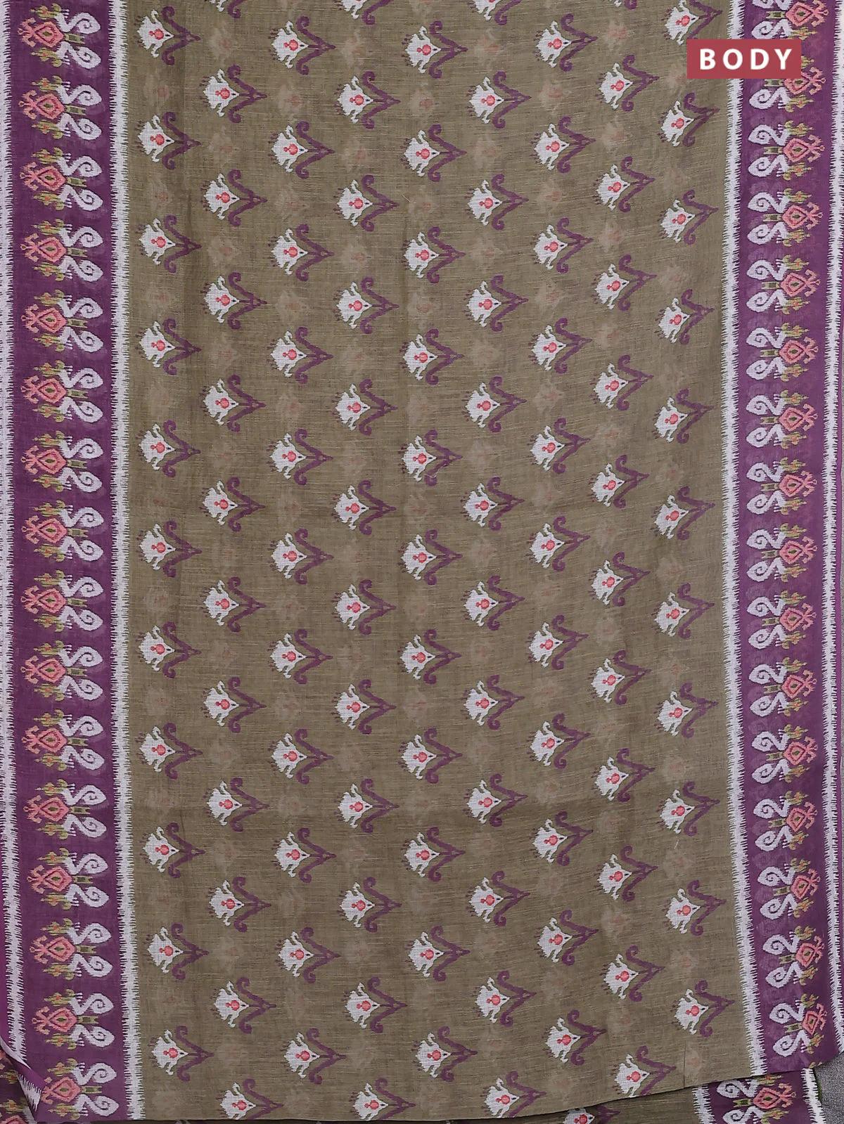 Semi linen saree pastel green and purple with allover ikat butta prints and printed border - Image 2