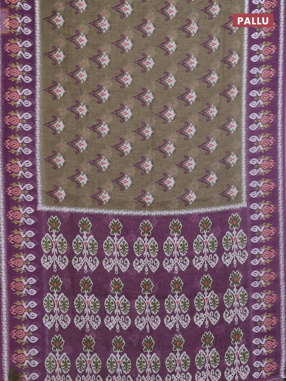 Semi linen saree pastel green and purple with allover ikat butta prints and printed border - Image 3