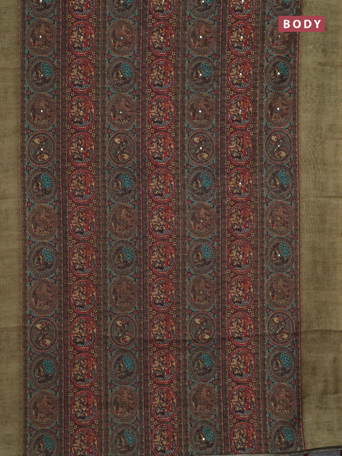 Semi linen saree pastel green with allover madhubani prints & mirror work - Image 2