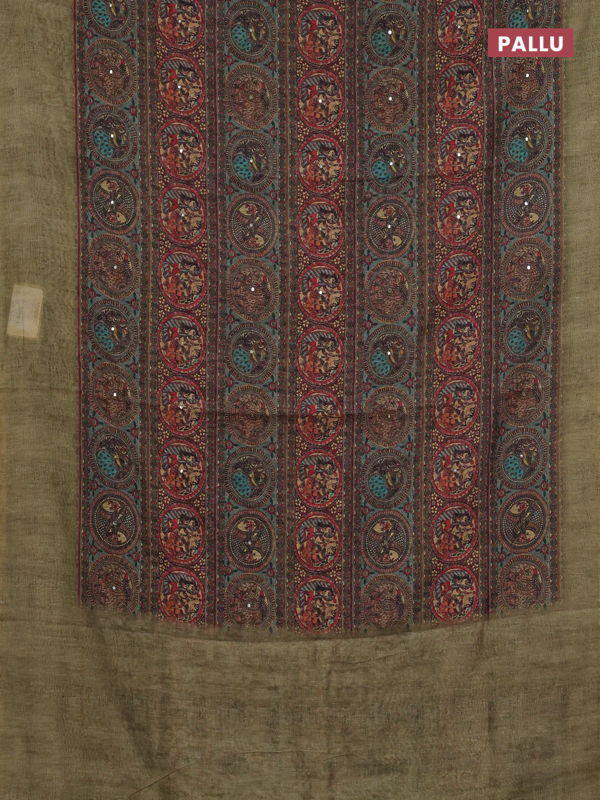 Semi linen saree pastel green with allover madhubani prints & mirror work - Image 3
