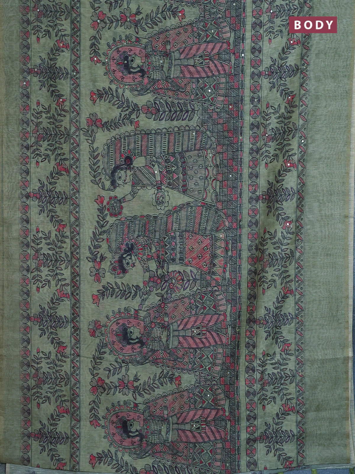 Semi linen saree pastel green with allover madhubani prints & mirror work - Image 2