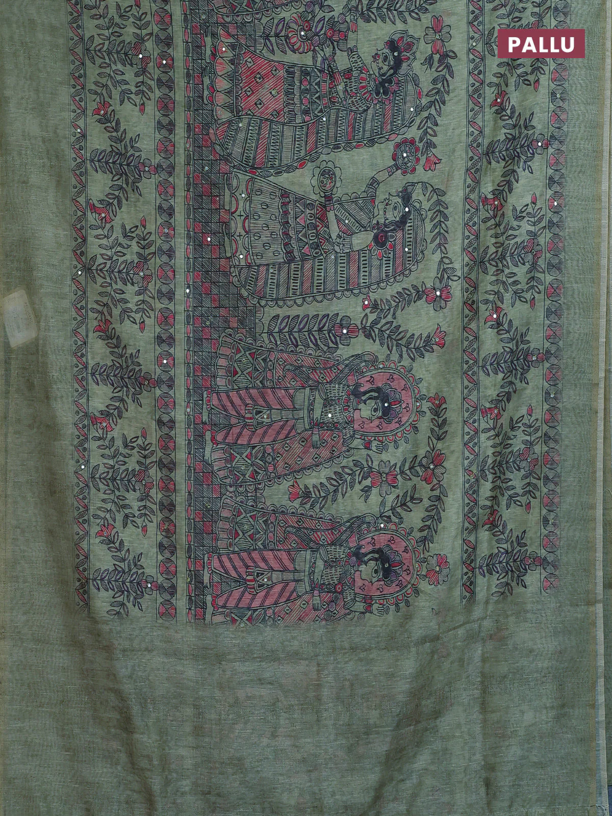 Semi linen saree pastel green with allover madhubani prints & mirror work - Image 3