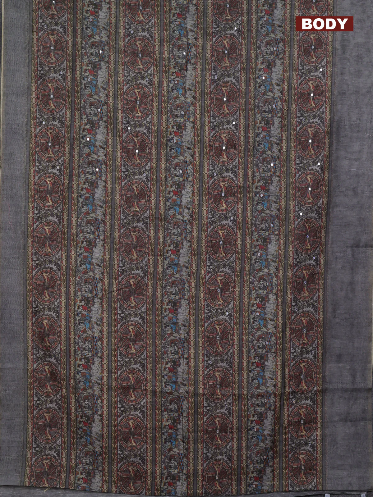 Semi linen saree pastel grey with madhubani prints & mirror work and simple border - Image 2