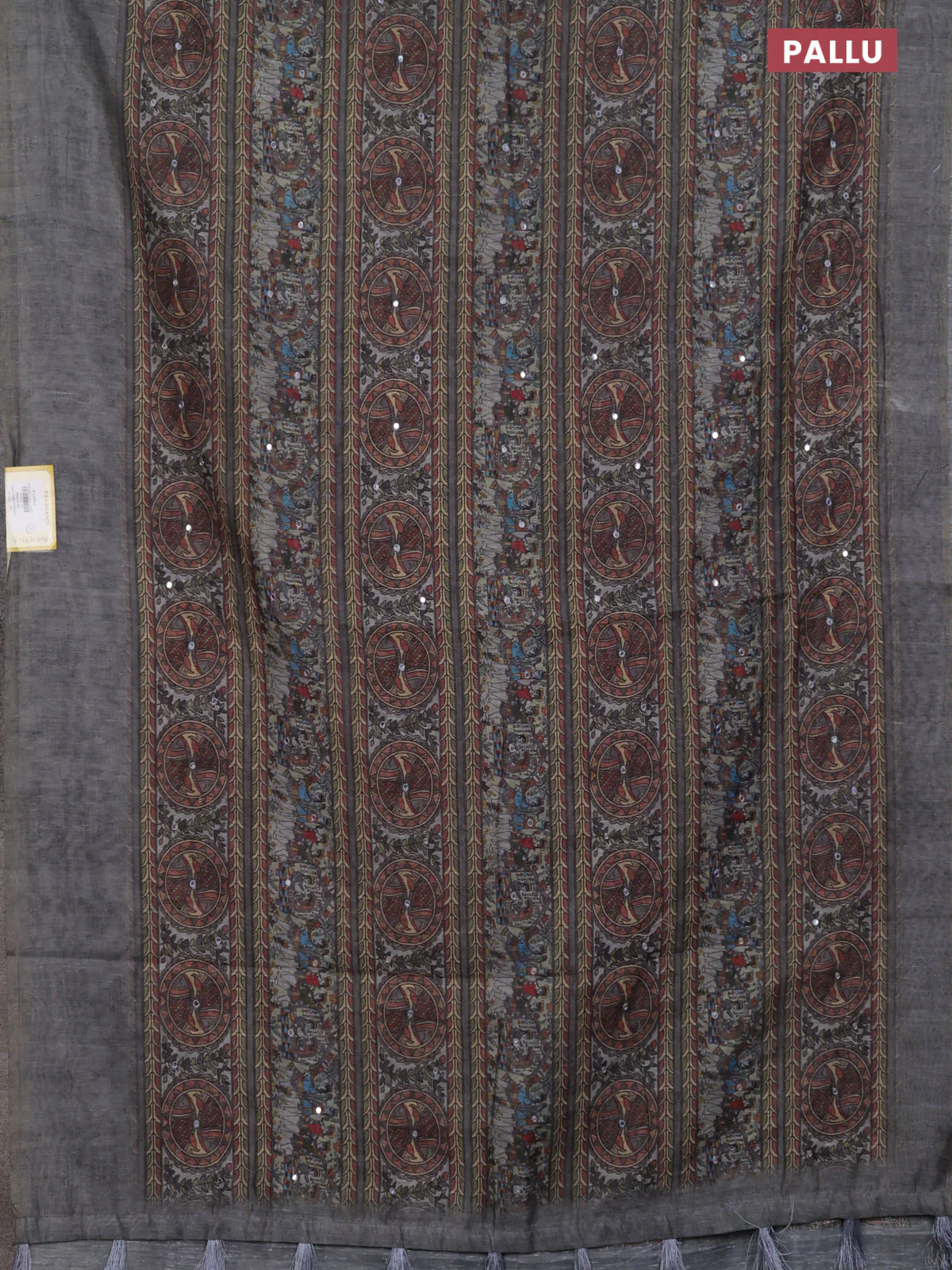 Semi linen saree pastel grey with madhubani prints & mirror work and simple border - Image 3