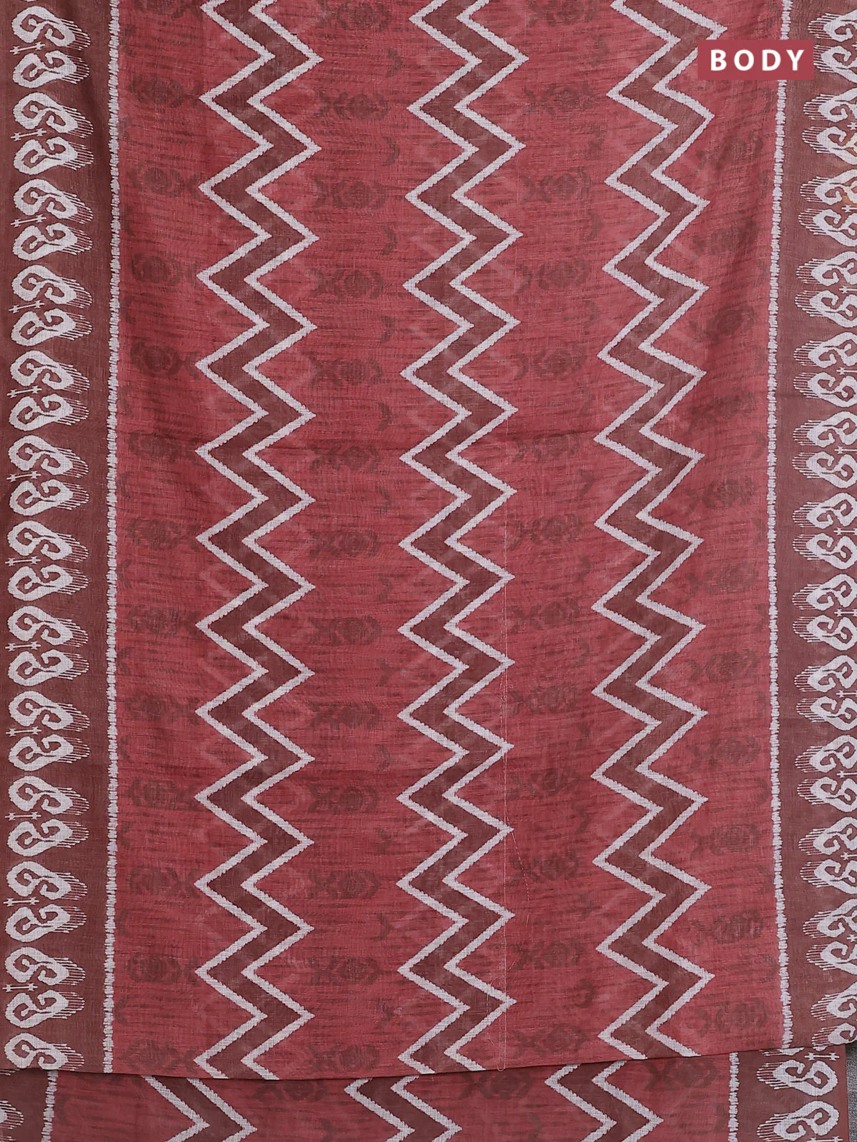 Semi linen saree pastel maroon and brown with allover ikat prints and printed border - Image 2