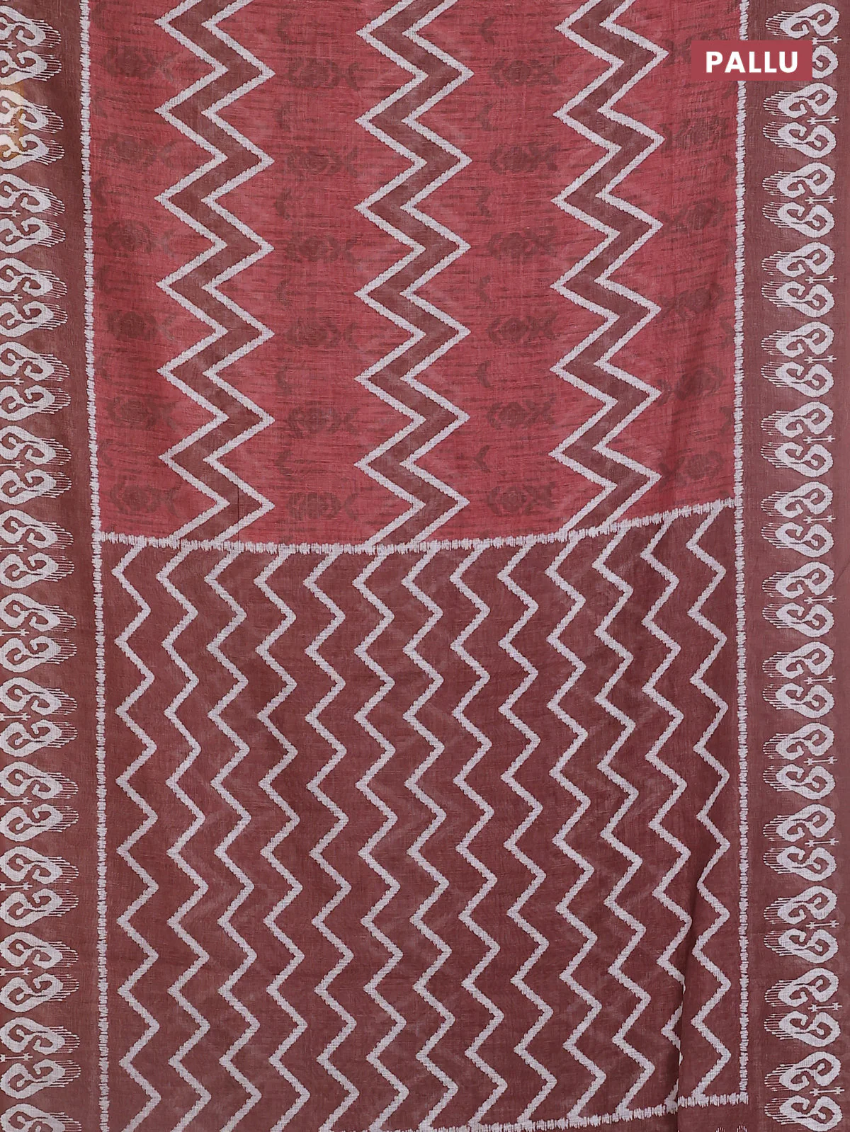 Semi linen saree pastel maroon and brown with allover ikat prints and printed border - Image 3