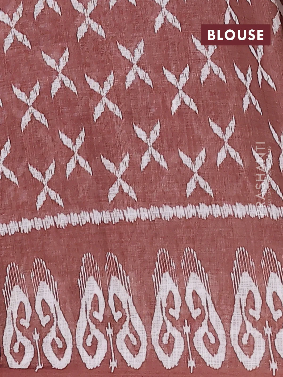 Semi linen saree pastel maroon and brown with allover ikat prints and printed border - Image 4